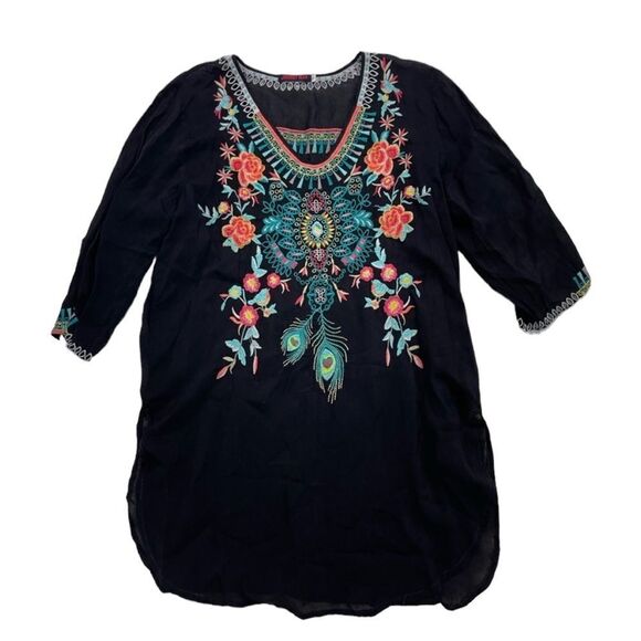 Johnny Was Black Embroidered V Neck Tunic - Picture 1 of 6